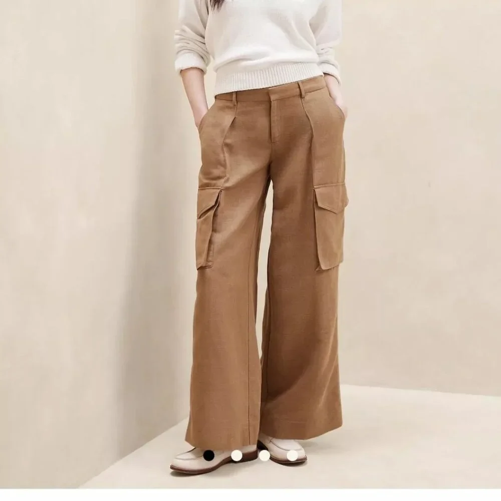 Banana Republic brown linen blend cargo trouser wide leg pants size 14